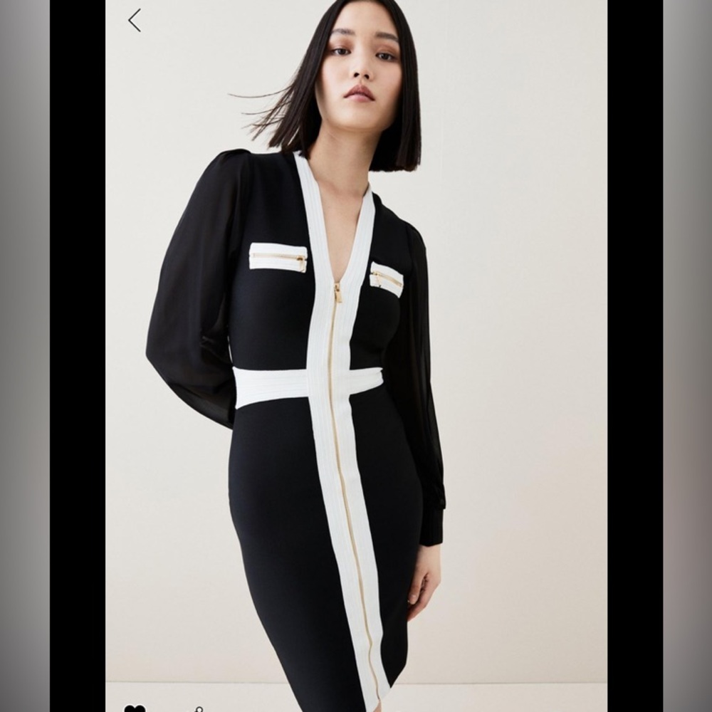 Karen Millen black & white bandage dress with chiffon sleeves. Zip front size XS